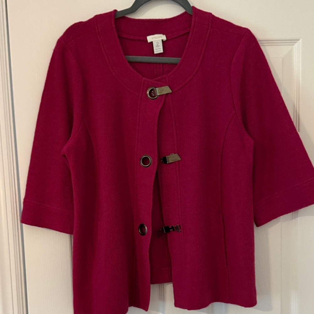 Chico's Raspberry Toggle Short-Sleeve Cardigan
